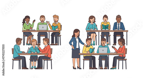 Diverse people in classroom or training seminar scenes.