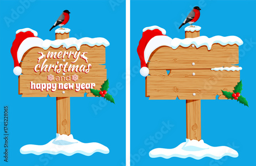 Winter wooden sign board with bullfinch bird, Santa hat, and holly. Merry Christmas and Happy New Year concept for holiday greeting.