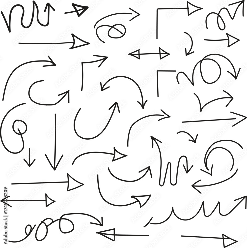 Fototapeta premium Collection of hand drawn arrows in various styles and directions on a white background