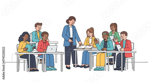 Teacher and diverse students in a classroom setting.