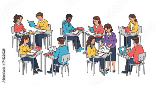 Students diligently studying and working on their assignments in a classroom setting.