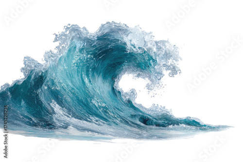 A large, transparent turquoise wave crests against a stark black background