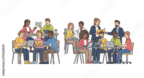 Diverse Students and Teachers in a Modern Classroom Setting Illustration.