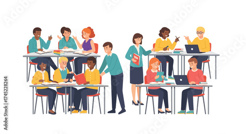 Students and teacher in a classroom focused on learning and education.