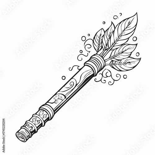 Feathered staff with tribal patterns