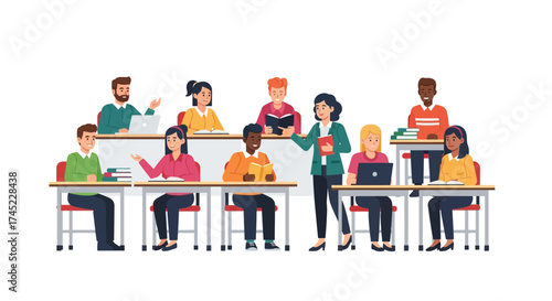 Diverse group of students and teacher in a classroom setting learning together.