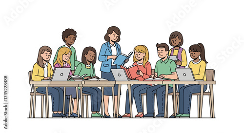 Teacher Guiding Students in a Classroom Setting.