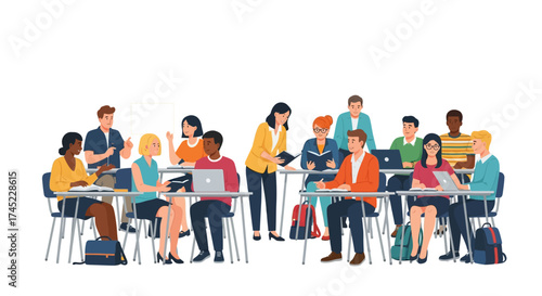 Diverse group of young students in a classroom setting with a teacher.