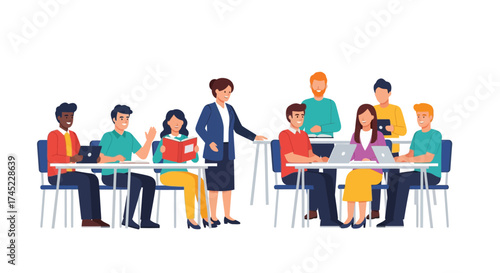 Diverse group of students and a teacher in a classroom setting.