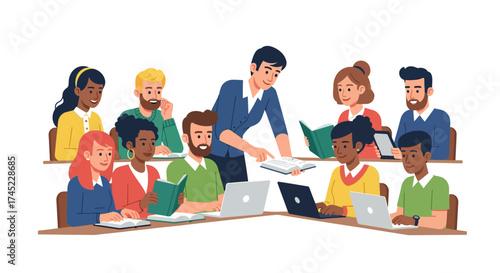 Teacher assisting students in a classroom setting with laptops and books.