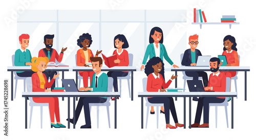 Classroom scene with students and teacher engaged in learning activities.