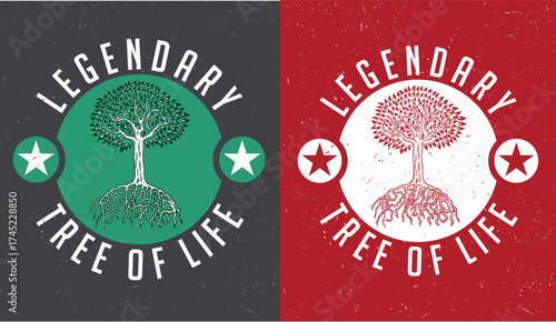 Legendary Tree of Life Emblem - Green and Red Vintage Style Logos