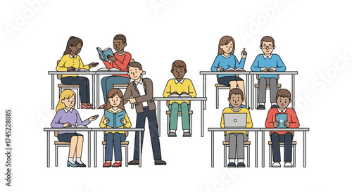 Students and teacher in a classroom setting studying and learning.