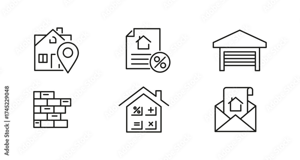 Fototapeta premium Real estate icons: linear design of homes, documents, and buildings