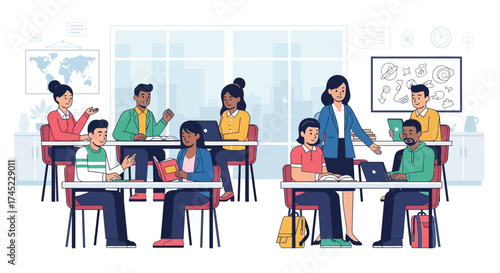 Classroom scene with students and teacher interacting during lesson.