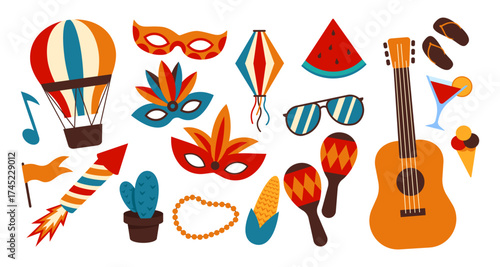 Colorful carnival festive objects and musical instruments on white background