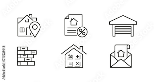 Real estate icons: linear design of homes, documents, and buildings