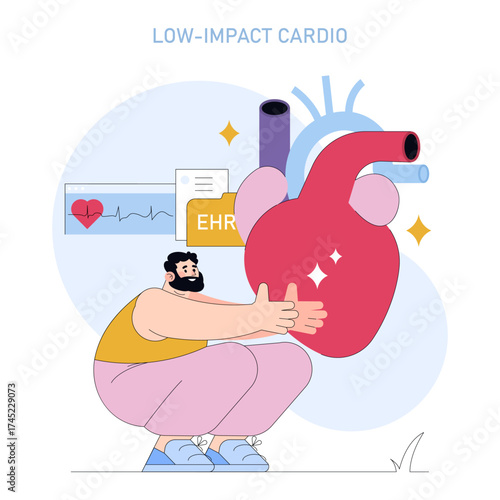 Man Hugging Heart in Low-Impact Cardio Vector Illustration
