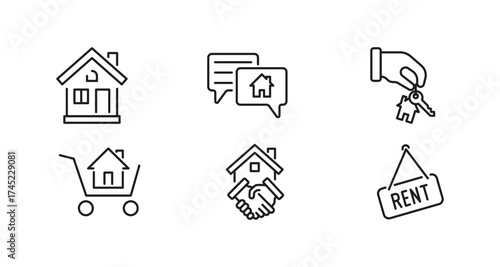 Real estate icons set: rental and property deals in linear style