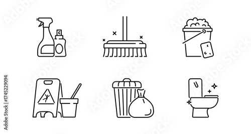 Cleaning icons collection: simple linear design for household chores and hygiene
