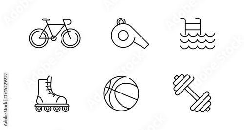Minimalist sports icons set featuring bicycle, whistle, pool, roller skate, basketball, dumbbell