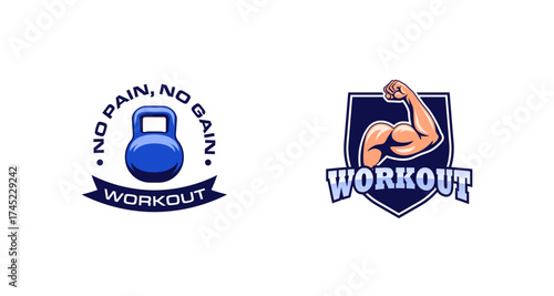 Fitness emblems featuring kettlebell and flexed arm with motivational workout phrases