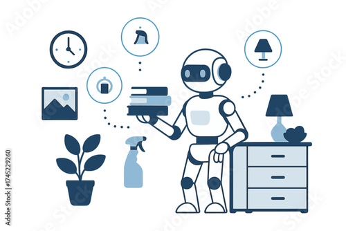 Robotic assistant in smart home environment in futuristic blue glow style