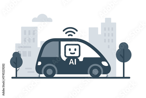 Ai-powered autonomous vehicle driving through urban night scene with smiling robot