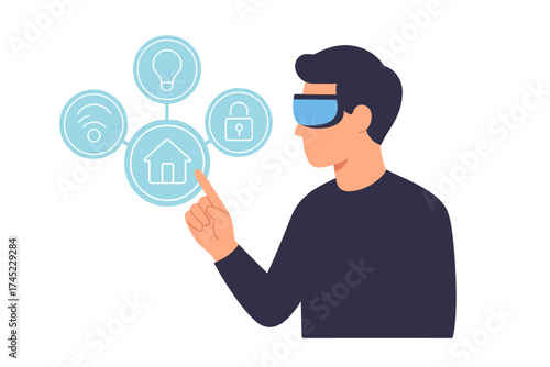 Virtual reality interaction concept with holographic interface in flat design