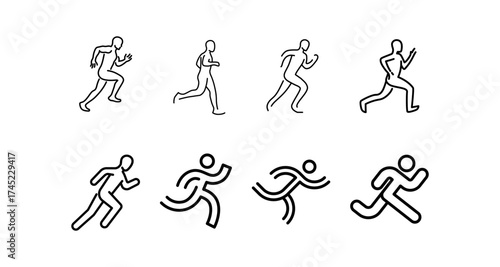 Minimalist running poses collection with eight black silhouette and line designs