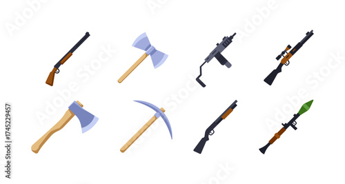 Diverse weaponry collection: guns, axes, and rpg in flat style