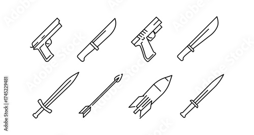 Minimalist line icons of various weapons including guns and knives