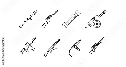 Linear military weaponry lineup featuring rpg, rifle, and mortar designs