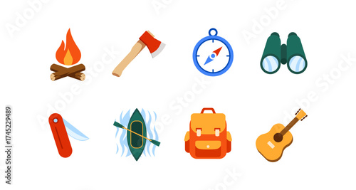 Camping gear icons set: adventure essentials in flat design