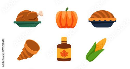 Colorful thanksgiving icons: turkey, pumpkin, pie, cornucopia, maple syrup, corn