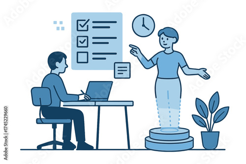 Futuristic office with hologram technology and digital interface