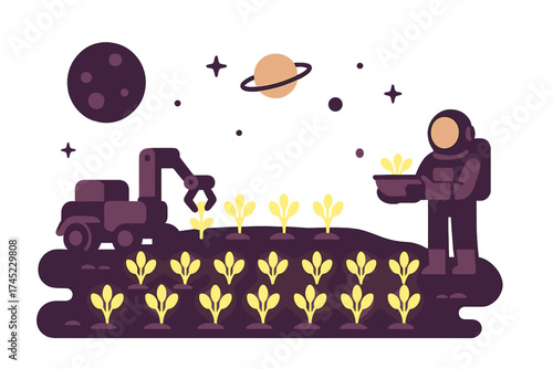 Futuristic farming: astronaut tending space garden under planets
