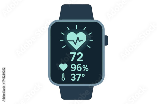 Glowing smartwatch display with heart rate and health metrics on dark background