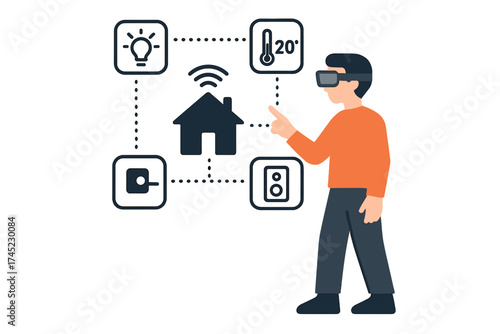 Smart home technology: modern man interacting with smart devices in futuristic environment
