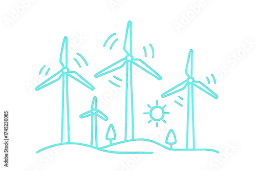 Neon wind turbines on hill with sun for renewable energy and sustainability concept