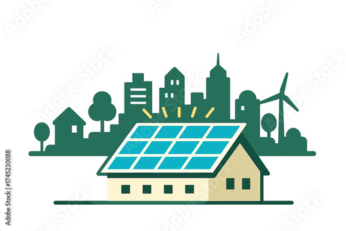 Sustainable energy concept with solar panels on house and eco-friendly cityscape