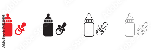 baby milk bottle and pacifier vector icon, feeding bottle with pacifier vector, silhouette and line art