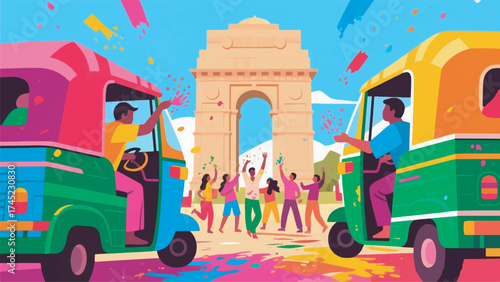 Illustration Of India Gate With Holi Festival People Throwing Colored Powder Vector Design Template