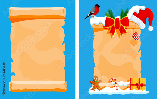 Unrolled paper scroll with winter snow, red ribbon bow, santa hat, bullfinch bird, gingerbread man. Christmas holiday concept.