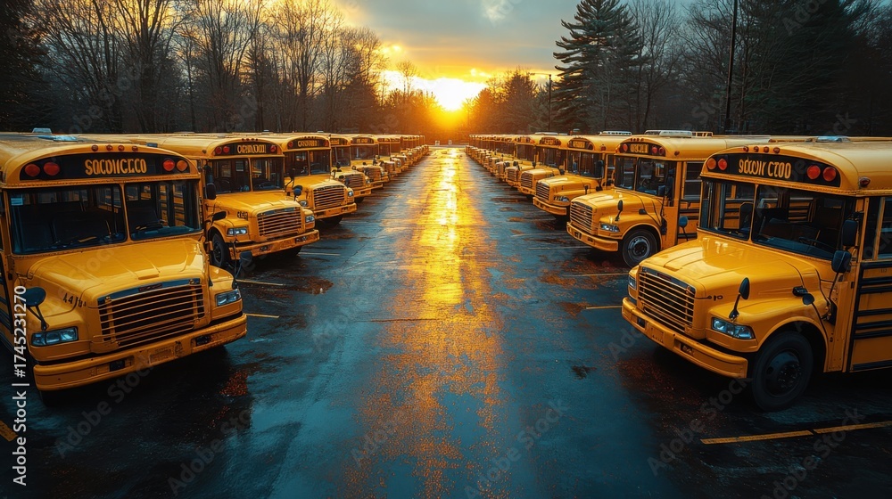 Obraz premium Sunset over school buses parking lot photography urban environment aerial view transportation concept