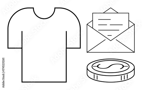 T-shirt, envelope with letter, and coin signifying commerce, communication, marketing, economy, trade, e-commerce and correspondence. Ideal for branding retail advertising or financial concepts