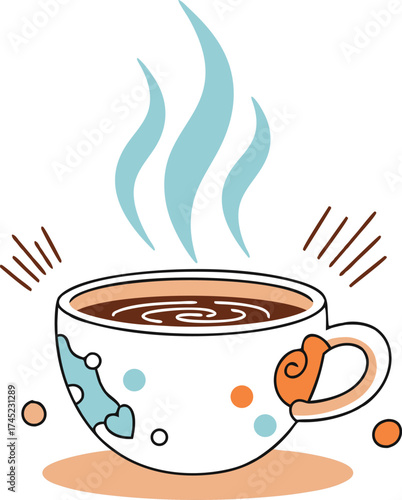 A stylish illustration of a steaming cup of hot chocolate in a decorative mug, surrounded by warm and playful accent marks, perfect for cozy beverage themes and cafe design