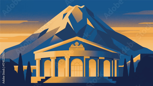 Illustration Of Mount Ararat Towering In The Background With The Yerevan Opera House Vector Design Template