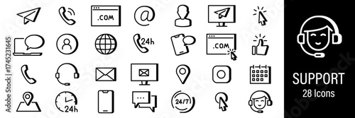 Support Web Icons. Contact Us, Chat, Feedback, Customer, Message, Phone. Vector in Line Style Icons