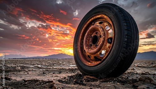 Wallpaper Mural Rusty tire on a dry, cracked landscape at sunset Torontodigital.ca